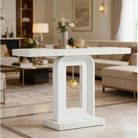 Console d'entrée étroite 100 x 30 x 82 cm en MDF blanc à décor marbré OKWISH (1/5)