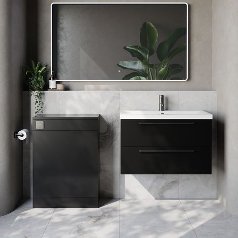 Napoli 390 Cento Matt Black 1400mm Wall Mounted 2 Drawer Vanity Unit and Toilet Suite with Glide Basin - 1400mm - Gunmetal Grey 480mm HandleWithout Kingston Toilet Pan
