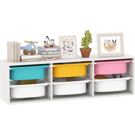 Scaffale Portagiochi Bambini in Legno con 6 Contenitori Rimovibili in Plastica, Multicolore