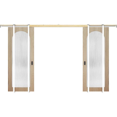 Porte coulissante double avec système à galandage en bois et MDF - arche naturel clair et verre trempé cannelé - 2 x H205 x L93 cm - ODEZA (1/3)