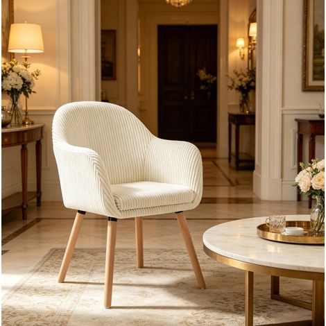 Poltrona da pranzo beige 53,5x83,5x46 cm in velluto a coste con braccioli (1/3)