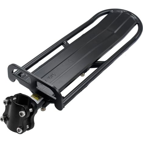 Porte-bagages arrière pour VTT, réglable jusqu'à 51 cm (20 pouces), à fixer à l'arrière de la selle ou du siège enfant. Charge maximale : 10 kg. Fabriqué en alliage d'aluminium noir.