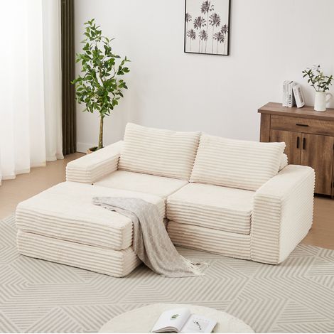 Sofá cama modular, convertible en cama, reposapiés desmontable, reposabrazos cuadrados, pana beige (1/5)