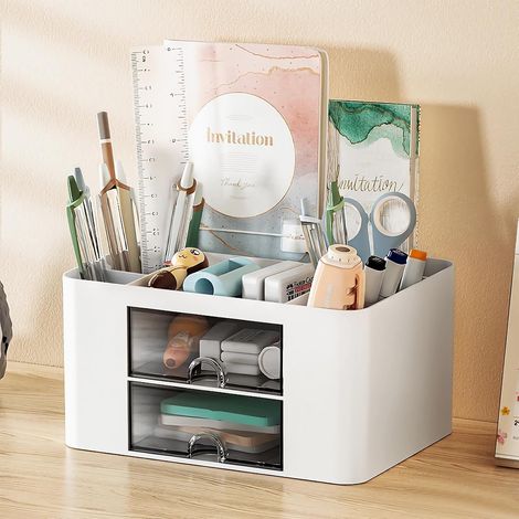 Schreibtisch-Organizer mit Schublade, Büro-Aufbewahrungs-Organizer mit 7 Fächern, multifunktionale Kunststoff-Aufbewahrung für Stifte, Zuhause, Schule (weiß) (1/5)