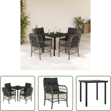 Gartenessgruppe - 5-tlg. Garten-Essgruppe mit Kissen Grau Poly Rattan (1/5)