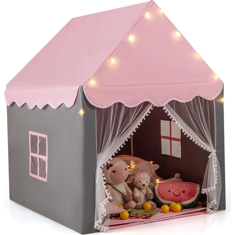 COSTWAY Kids Playhouse Tent w/ Washable Mat & Star Lights-Pink (1/5)