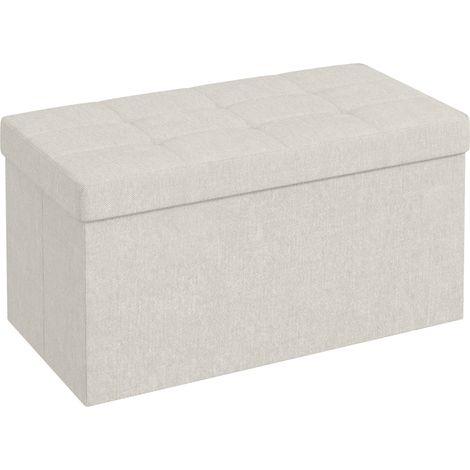 Banc coffre pliable capitonné, pouf de rangement 76x38x38 cm crème, repose-pieds bout de lit avec couvercle (1/5)