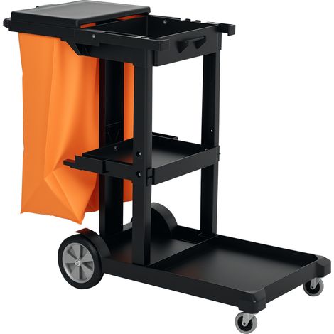 Chariot de nettoyage à 3 compartiments de rangement, chariot à serpillière avec sac poubelle et couvercle, roues pour usage commercial (1/5)