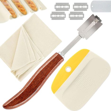 Lame Boulanger 3er Set [inkl. 1 Lame a Pain avec 5 Lames, 1 Coupe Pate, 1 Linge Fermenté de Boulanger] Bread Scoring Tool, Couteau à Pain, Pain Cuisson Accessoire, Rasoir à Pain pour DIY Grigner Pâte (1/5)