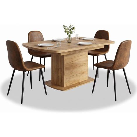 FurnitureR Ensemble repas 5 pièces avec table extensible à rangement, Table extensible de 140 à 200 cm effet chêne avec rangement central et 4 chaises brunes effet daim (1/4)