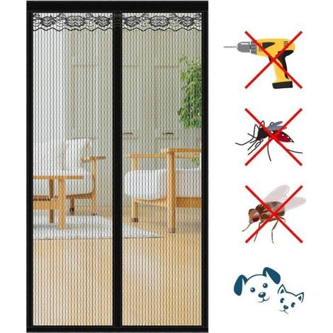 90210cm Moustiquaire de porte magnétique, rideau anti-insectes noir pour terrasse, salon