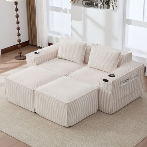 Sofa modulare a 2 posti in corda con 2 sgabelli, portabicchieri, tasche laterali: molle e schiuma ad alta densità – stabile, confezionato in modo compresso, senza montaggio. Ideale per soggiorni e app (1/5)