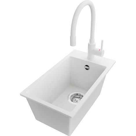 PRIMAGRAN Evier Cuisine en Granit 28x50cm,Lavabo 1 bac + Robinet 38x14cm + Kit de Vidage, Évier à Encastrer au meuble 30cm - Riga, Blanc (1/5)