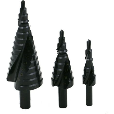 Sollbry 3-teiliger Stufenbohrer 4-12/20/32 mm, Senkerbohrer, HSS-Edelstahlmetall, dreieckiges konisches Titan, mit Sechskantschaft, zum Bohren mit Schraubendreher auf Stahl, Messing, Holz, Kunststoff (1/4)