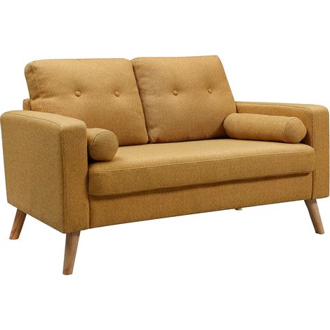 Vente-Unique – Canapé droit 2 places en tissu bouclette jaune – Déhoussable – Coussins inclus – Pieds en bois naturel – Dimensions 130x81x83cm (1/4)