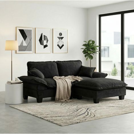 Sofá modular esquina (194x151x90 cm), diseño inspirado en velero, otomana móvil, chenilla, negro (1/5)