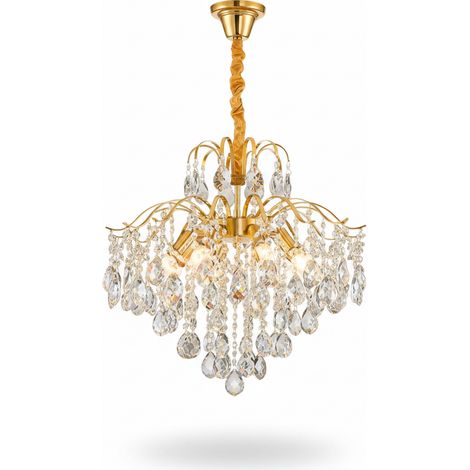 Lustre français en cristal doré, éclairage à trois intensités — Métal et cristal — Hauteur : 58 cm — Diamètre : 60 cm — 9 douilles — Ampoules E14 non fournies