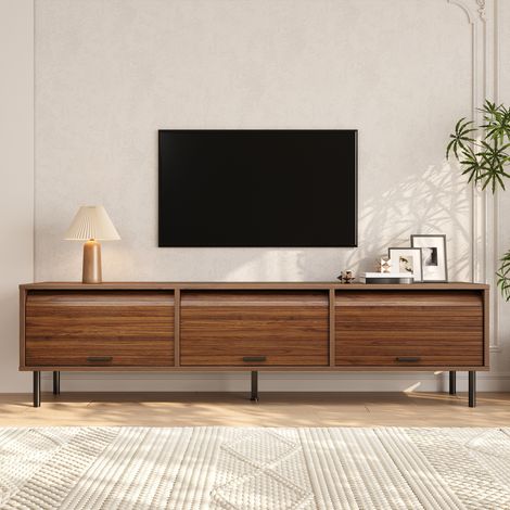 Meuble TV bas effet noyer 180x40x55 cm, 3 portes coulissantes vers le haut, compartiments, pieds métal noir, MDF/PB (1/5)