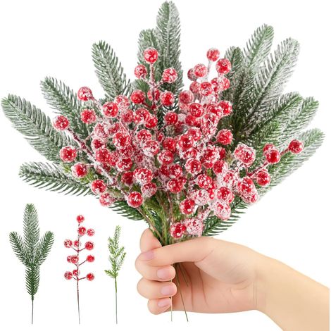 M.J COMFY-LIFE 36 Pack Artificial Red Berries and Frosted Pine Branches - Red Holly Berries Stems for Christmas Tree Decorations, DIY Wreaths, Floral Arrangements, Wedding & Holiday Home Decor (1/5)