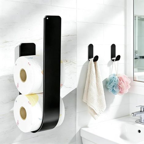 Rangement Papier Toilette Noir avec 2 Crochets Auto-adhésifs Métal Porte Papier Toilette pour 3 Rouleaux de réserve Support Papier Toilette Mural Porte Papier WC sans Percage (1/5)