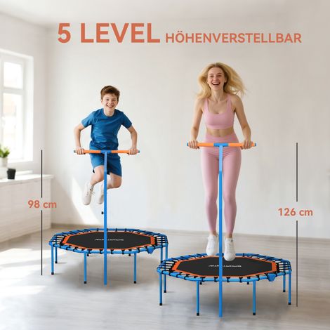 Trampoline fitness avec poignée réglable, stable et silencieux, acier bleu, pour entraînement intérieur (1/5)