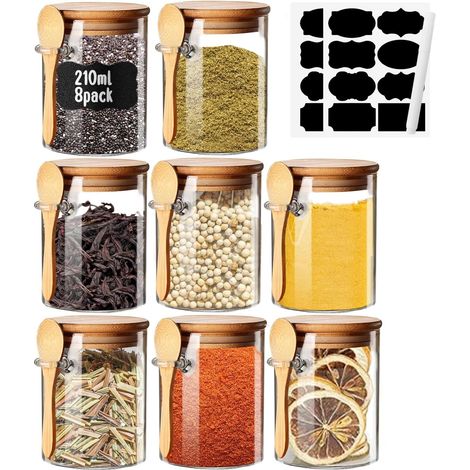 Pots à Épices Verre Avec Étiquettes Petit Bocaux En Verre Avec Couvercle Hermétique Et Cuillère–8 Pièces 220ml–Boite Epices Cuisine Accessoires Bocaux à Épices Bocaux Rangement Pour Café,Thé,Sucre (1/5)