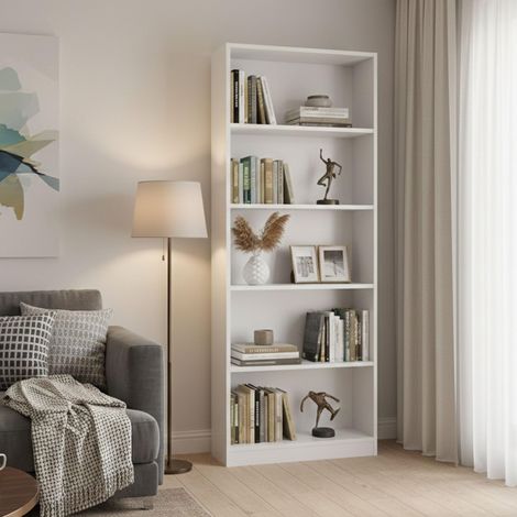 Bibliothèque linéaire avec 4 étagères, Étagère de bureau ou de chambre, Bibliothèque moderne, 80x28h201 cm, Blanc (1/5)