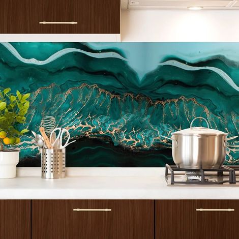 Crédence cuisine en aluminium - effet marbre bleu - 360x50 cm (en 3 bandeaux) (1/5)