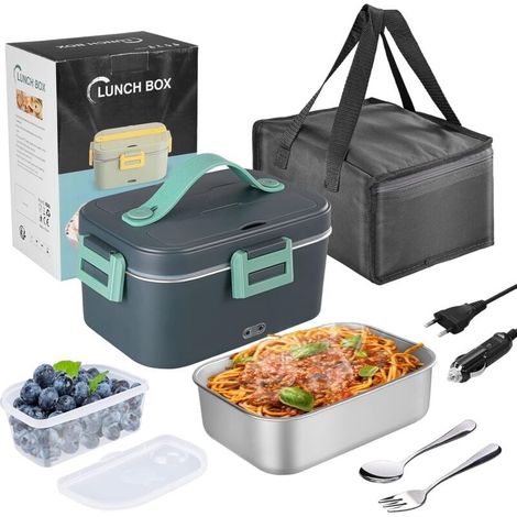 Lunch Box Gamelle Chauffante 75W, 1.8L, 3-en-1 (12V/24V/220V), Boîte Chauffante Repas Portable avec Couverts et Sac Isolants, Vert, pour Voiture, Camion, Bureau, École (1/5)
