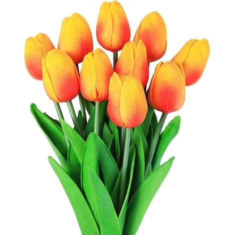 Lot de 10 tulipes artificielles orange en latex, au toucher réaliste, pour décoration intérieure (mariage, hôtel, fête, bureau, etc.). (1/5)