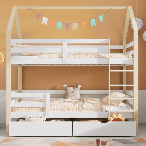 Cama infantil casita de madera maciza blanco y roble 90x200 cm con somier y cajones de almacenaje