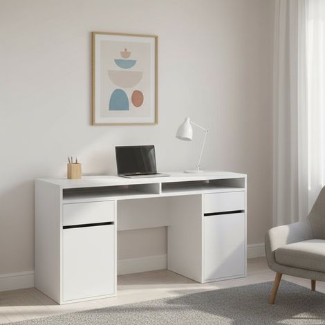 Dmora - Escritorio Leepi, Escritorio multiusos, Mesa de oficina para PC, El plan de trabajo, 149x48 h77 cm, Blanco brillante (1/5)