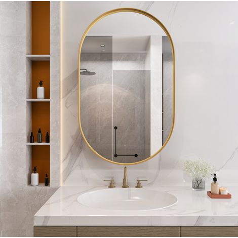 Badspiegelschrank oval modern aus Metall in Gold, wandhängend oder Unterputz, mit 2 verstellbaren Glasböden (1/5)