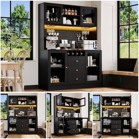 Buffet salon, rangement modulable Buffet noir, éclairage LED intelligent, porte-bouteilles (1/5)
