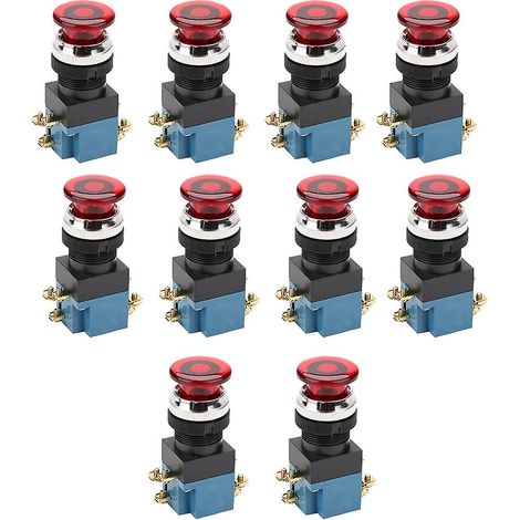 Lot de 10 interrupteurs à bouton-poussoir momentanés champignon à réarmement automatique avec voyant rouge, fixation 25 mm LA19-11DJ, 1 NO 1 NC (1/5)