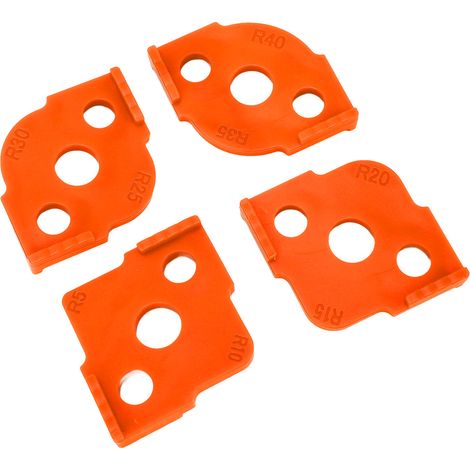 Gabarit d'angle en R (4 pièces) pour le fraisage, en ABS, avec rayon de courbure et positionnement d'angle pour le travail du bois (orange). (1/5)