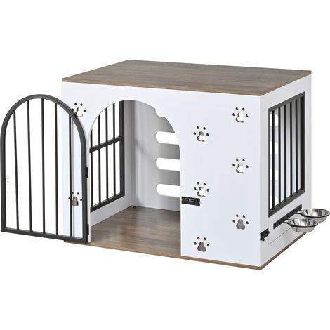 Indoor-Hundekäfig mit integrierten Näpfen, MDF- und Metallmöbel, Weiß/Eiche (1/5)