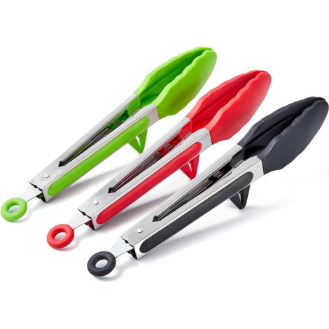 Lot de 3 Pince Cuisine Silicone, 23cm Pince Barbecue inox avec Embouts en Silicone, Pince Plancha pour Griller, Barbecue, Buffet(Noir, Rouge, Vert) (1/5)