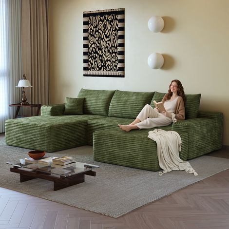 Canapé d'angle modulaire indéchirable de 270 cm avec méridienne en L, canapé moderne à assise profonde, livré monté, canapé compressible pour salon, chambre, appartement, vert (1/5)