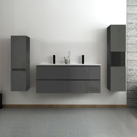 Océan ensemble meuble salle de bain 120 cm anthracite brillant avec 4 tiroirs à fermeture automatique, double lavabo céramique + deux colonnes, suspendu (1/5)