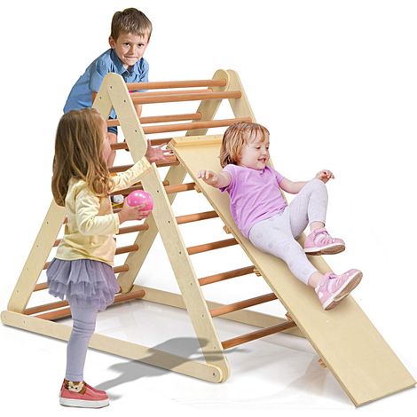 COSTWAY Triangolo a Gradini, Scala Giochi Arrampicata a Triangolo, con Scivolo, Palestra Coperta da Casa, Legno, Ideale per Bambini 3+ Anni, naturale