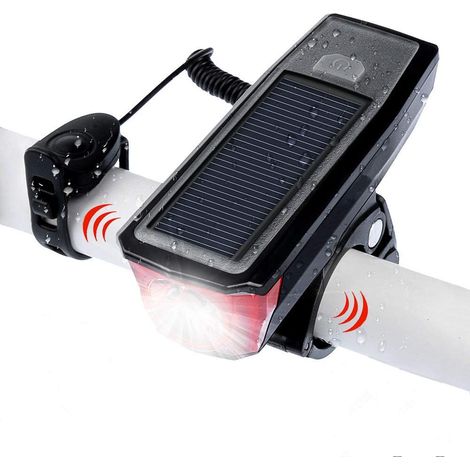 Bicycle Headlight, 4 Modes USB Rechargeable Solar Powered Bicycle Headlamp with Bell for Bike Safety Warning (1/5)