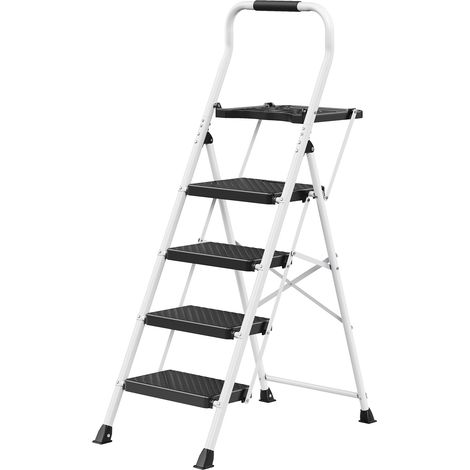 Escabeau Pliant 4 Marches en Acier, Antidérapant, Charge 150 kg, 161 x 45,5 x 7,5 cm, Blanc (1/5)