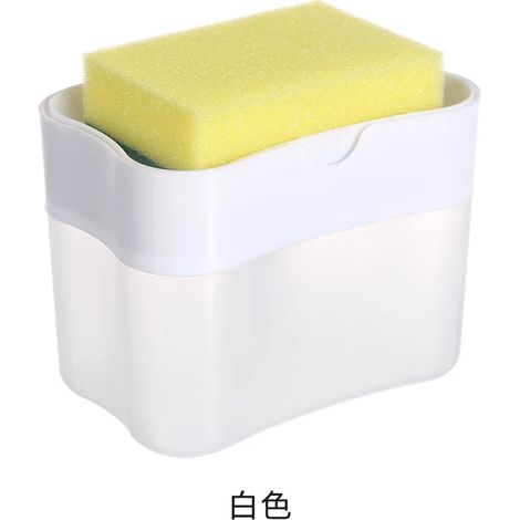 Presse à savon portable (blanche) pour la cuisine, avec chiffon de nettoyage et distributeur de savon pour la vaisselle. (1/5)