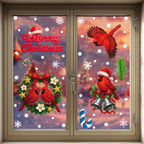 Décoration de fenêtre de Noël, oiseau rouge mignon, décoration de porte et fenêtre vitrée pour chambre à coucher, autocollant de fenêtre à effet statique - [Deux combinaisons] 644+647 -