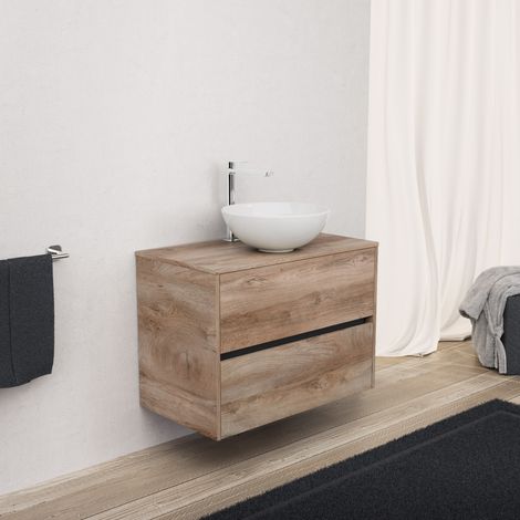 Inda - Badezimmerschrank 2 Schubladen L.80 mit Aufsatzwaschbecken / Natureiche - Diamante (1/5)