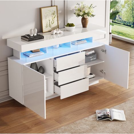 Credenza LED 140 x 35 x 80 cm, 3 cassetti, 2 ante, finitura bianca lucida DESVIAE (1/5)