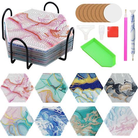 Dessous de verre pour peinture diamant, lot de 8 avec support et stylo à peinture diamant, dessous de verre décoratifs avec outils, kit d'art diamant pour adultes, enfants et débutants (marbre) (1/5)