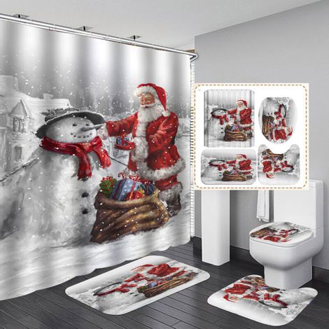 Merry Christmas 4-Piece Bathroom Curtain Set, Waterproof Santa Claus Shower Curtain, Toilet Cover, Non-Slip Mat, Home Decor Rug (1/3)