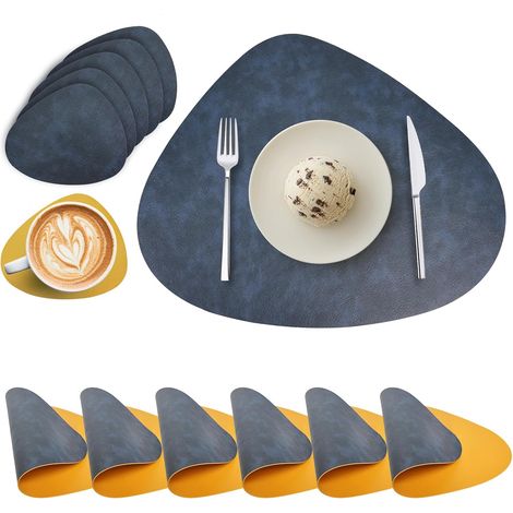 Juego de 6 manteles individuales y posavasos redondos de piel sintética (PU): de doble cara, impermeables, lavables, antideslizantes y resistentes al calor (azul y amarillo). (1/5)